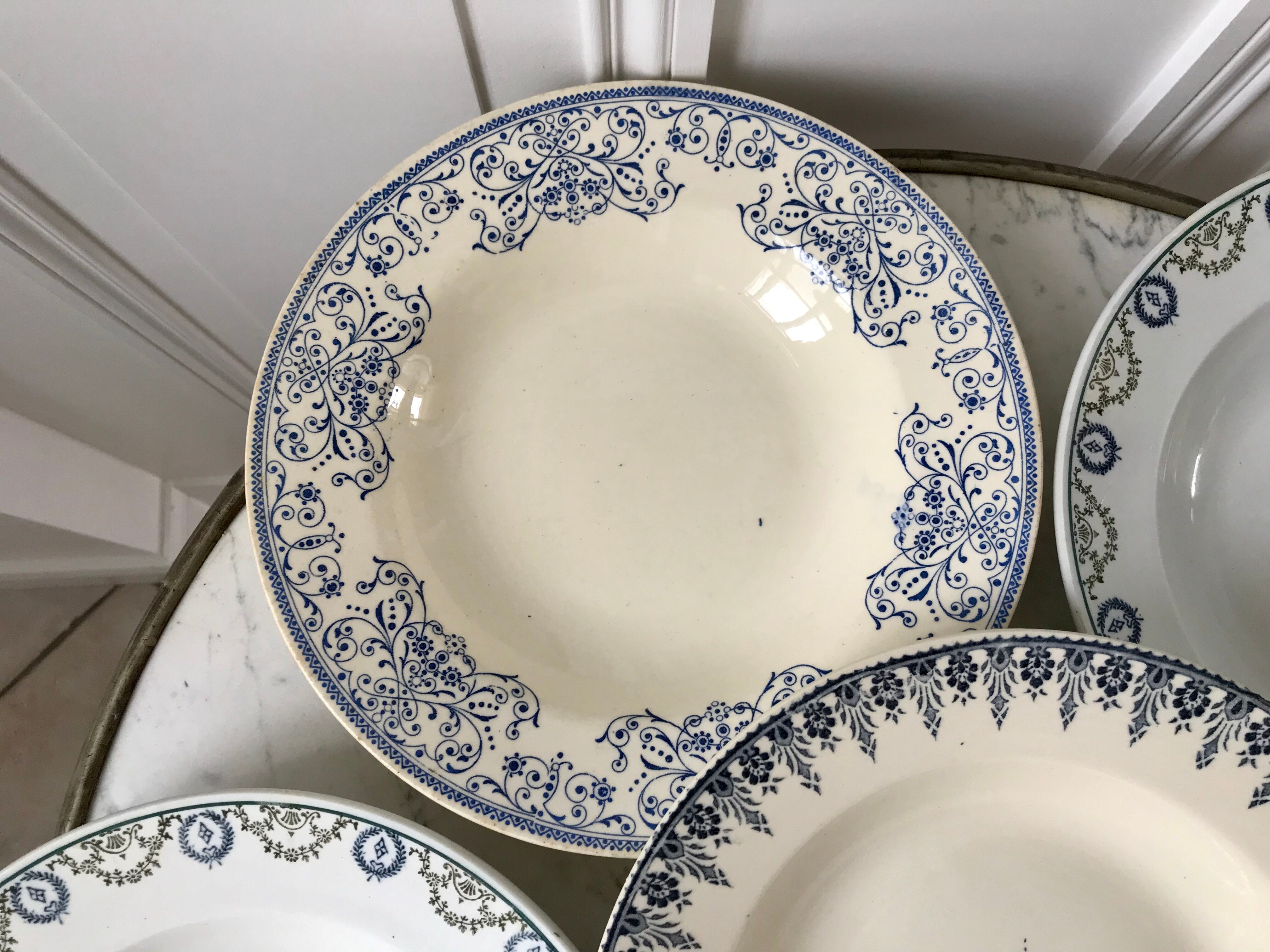 Set of 6 hollow plates Terre de Fer mismatched late nineteenth
