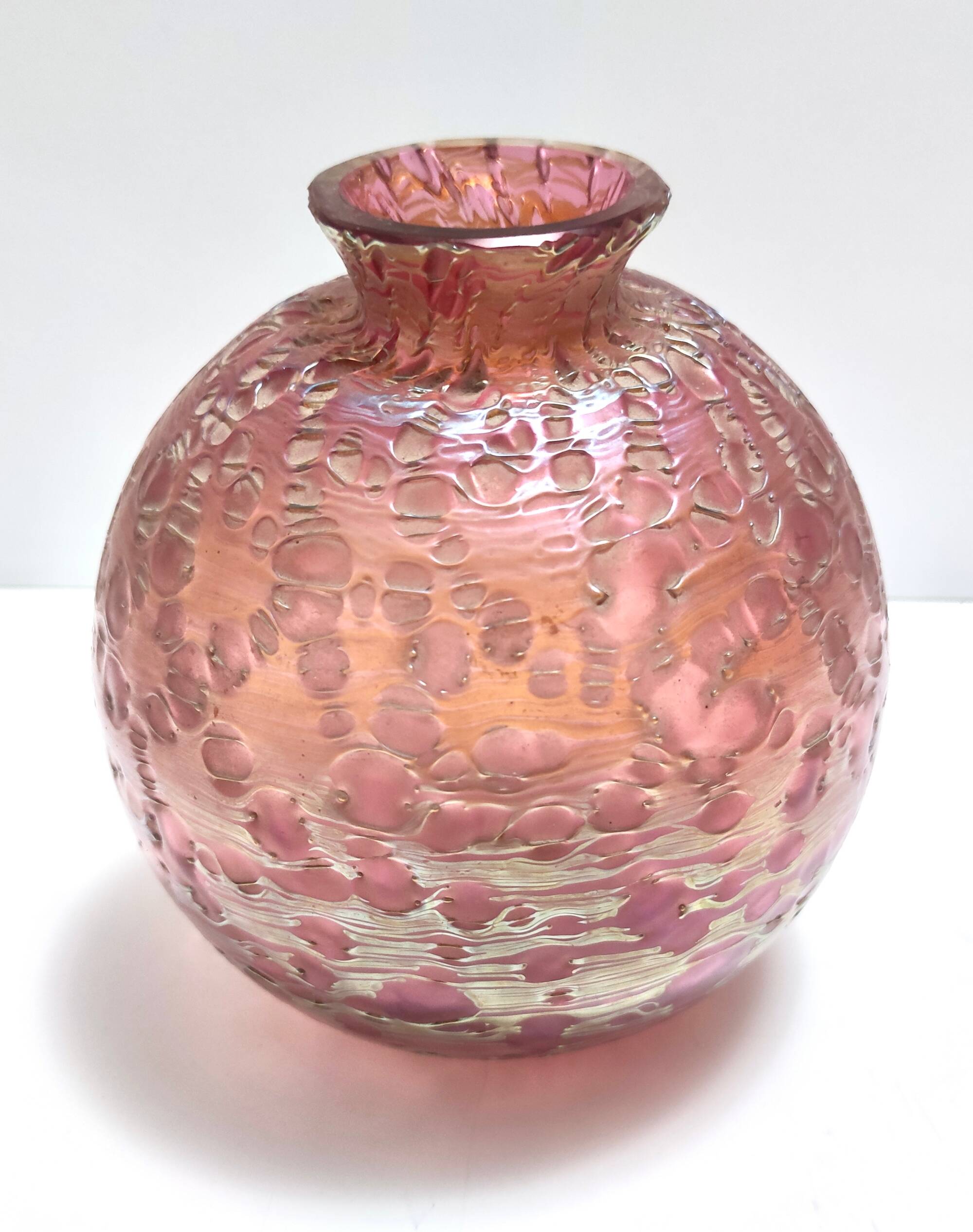 Pink Iridescent Etched Blown Glass Vase "Diaspora" by Loetz