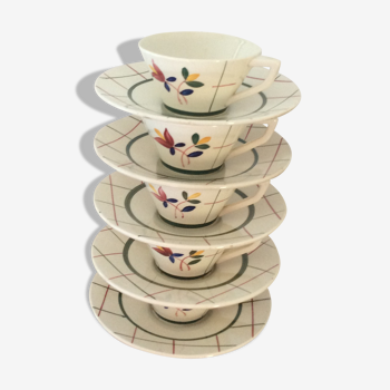 Lot de 5 tasses et 5 sous tasse ancienne gien modèle tamaris