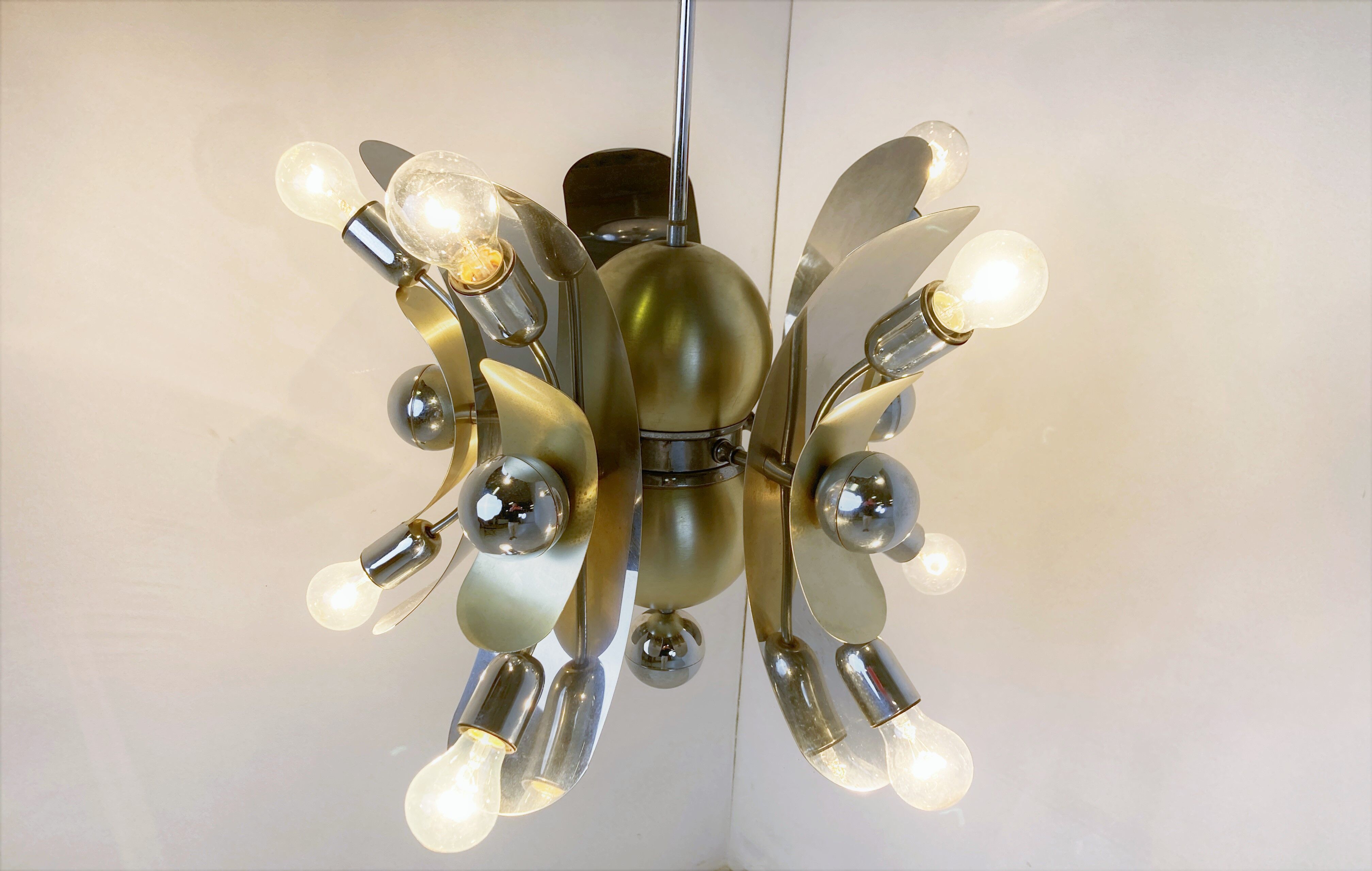 Vintage italian chrome and brass chandelier, 1970s