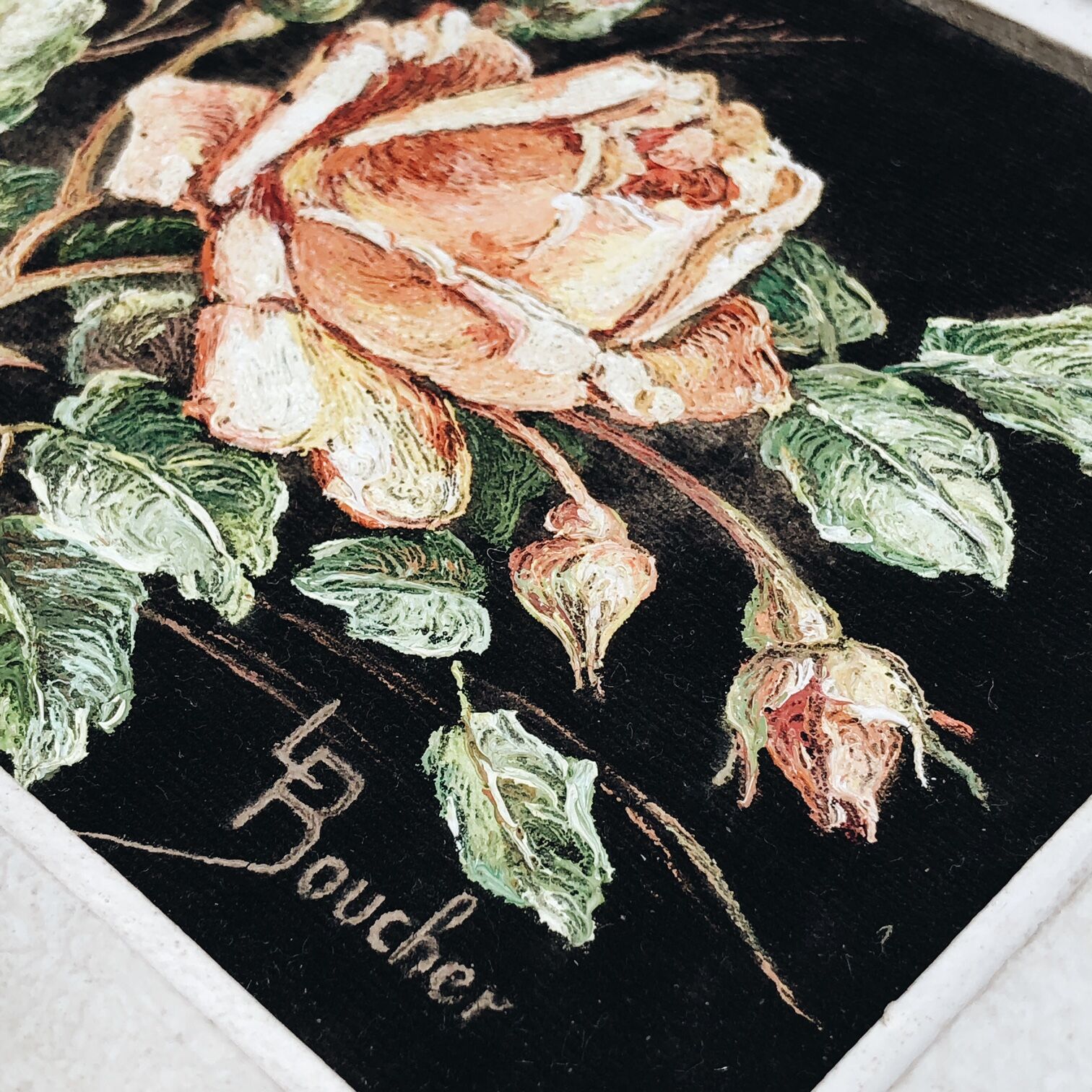Painting on velvet "La rose" signed L. Boucher