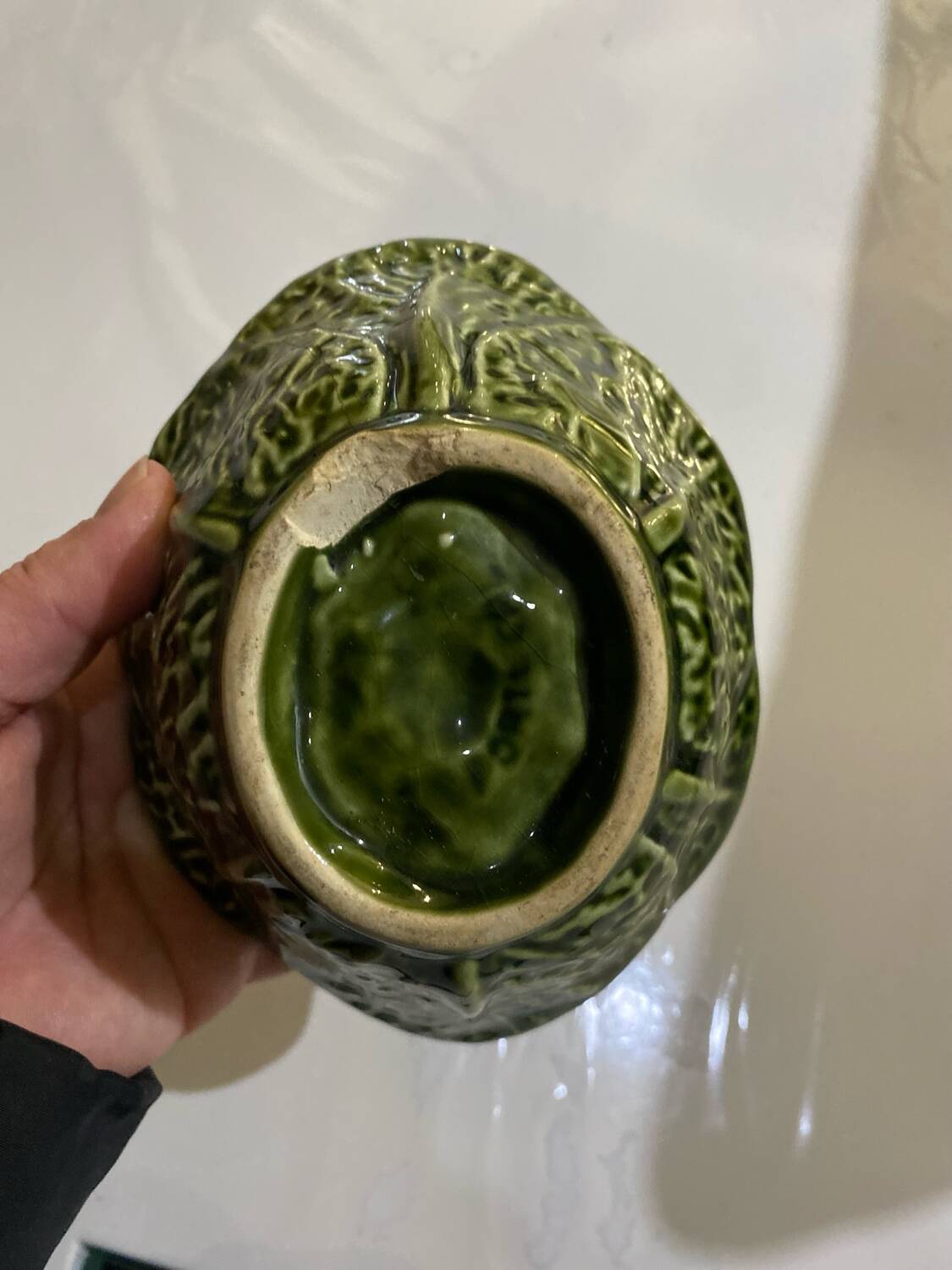 Vintage barbotine and majolica sauceboat