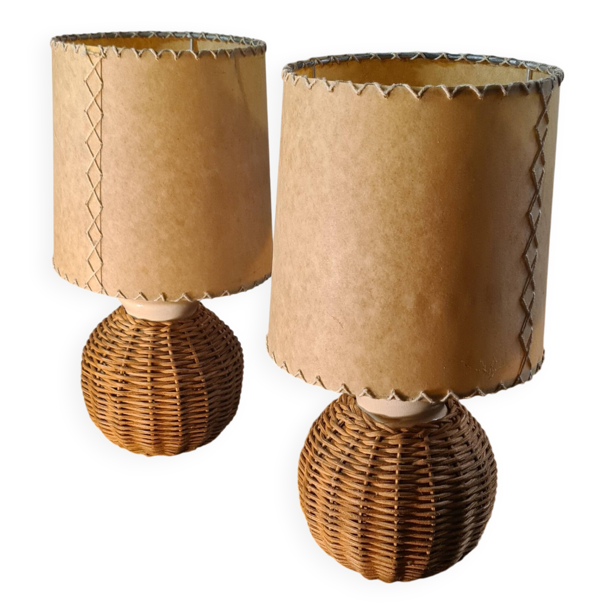 pair of bedside lamps ceramic and rattan lampshade 1960, elec ok 30x16