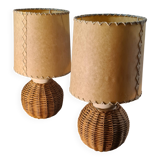 pair of bedside lamps ceramic and rattan lampshade 1960, elec ok 30x16