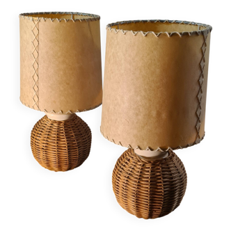 pair of bedside lamps ceramic and rattan lampshade 1960, elec ok 30x16