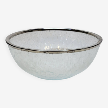 Vintage Salad Bowl In Molded Pressed Glass With Plant Decor And Silver Metal Strapping