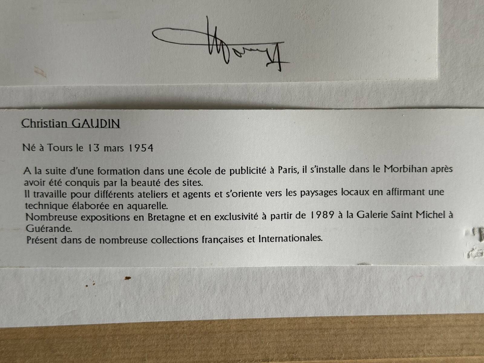 Watercolour by Christian Gaudin framed, certificate Guérande salt marshes.