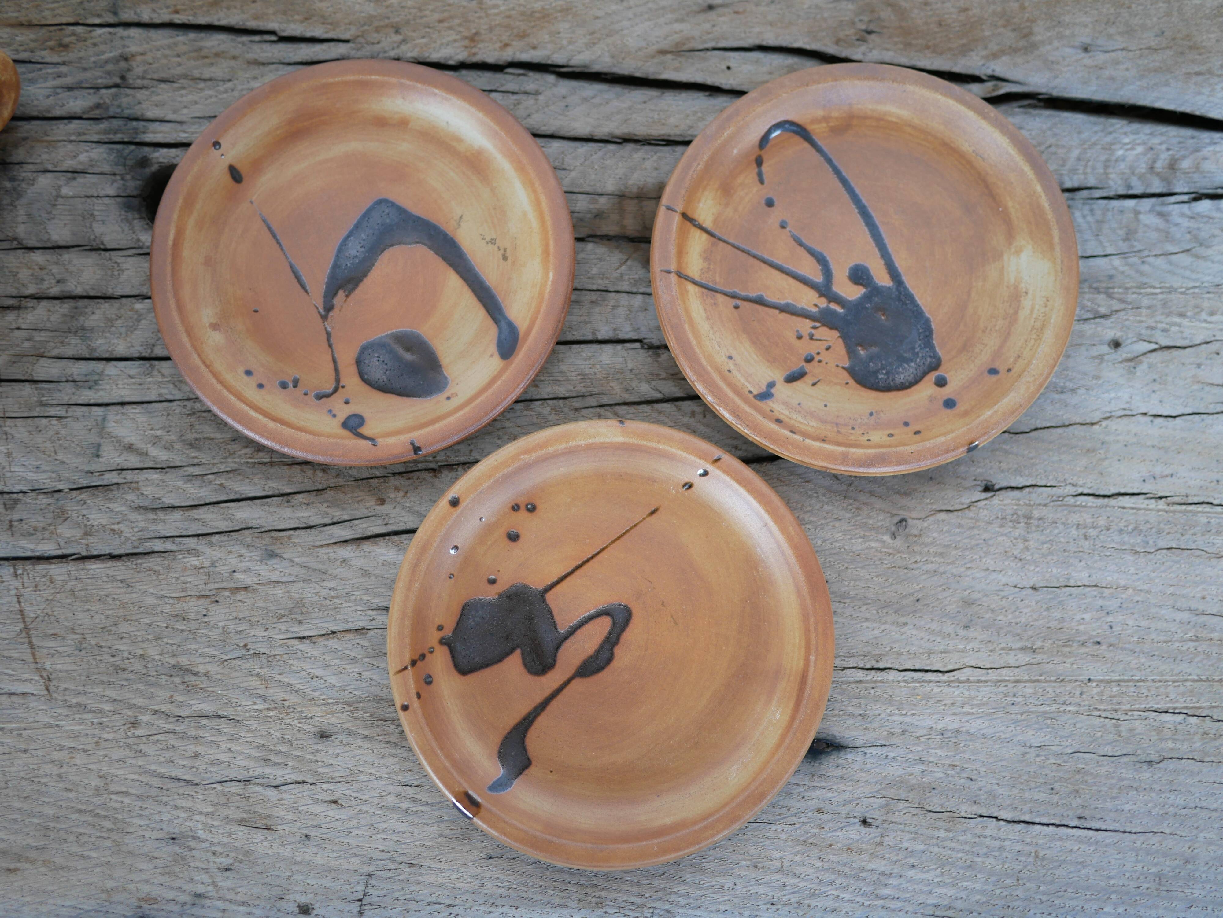 Series of 3 vintage stoneware cups and saucers by Madeleine Brault for Poterie de la Colombe