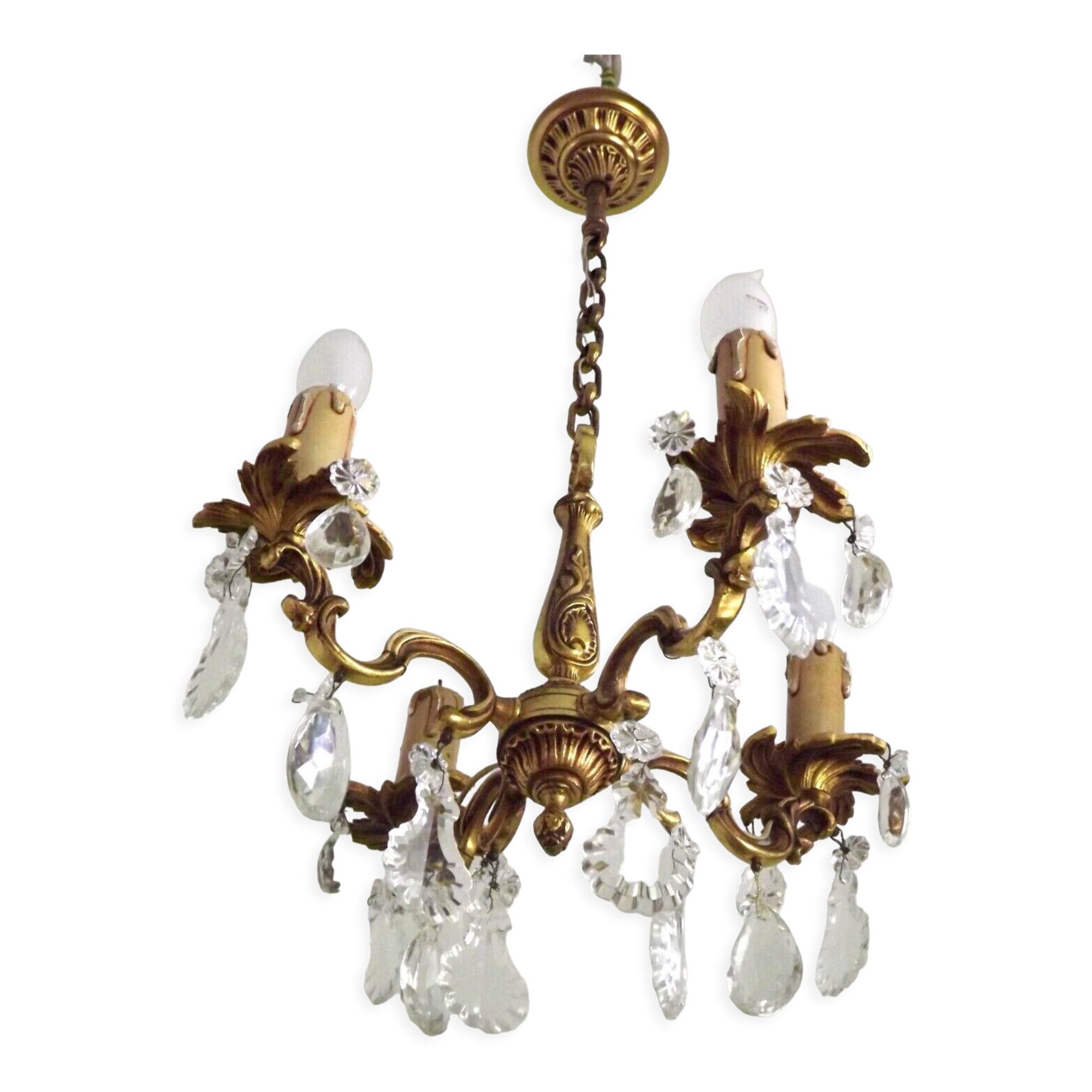 Vintage french brass 4 light chandelier assorted faceted crystal 4007