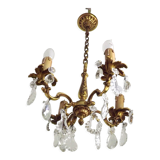 Vintage french brass 4 light chandelier assorted faceted crystal 4007
