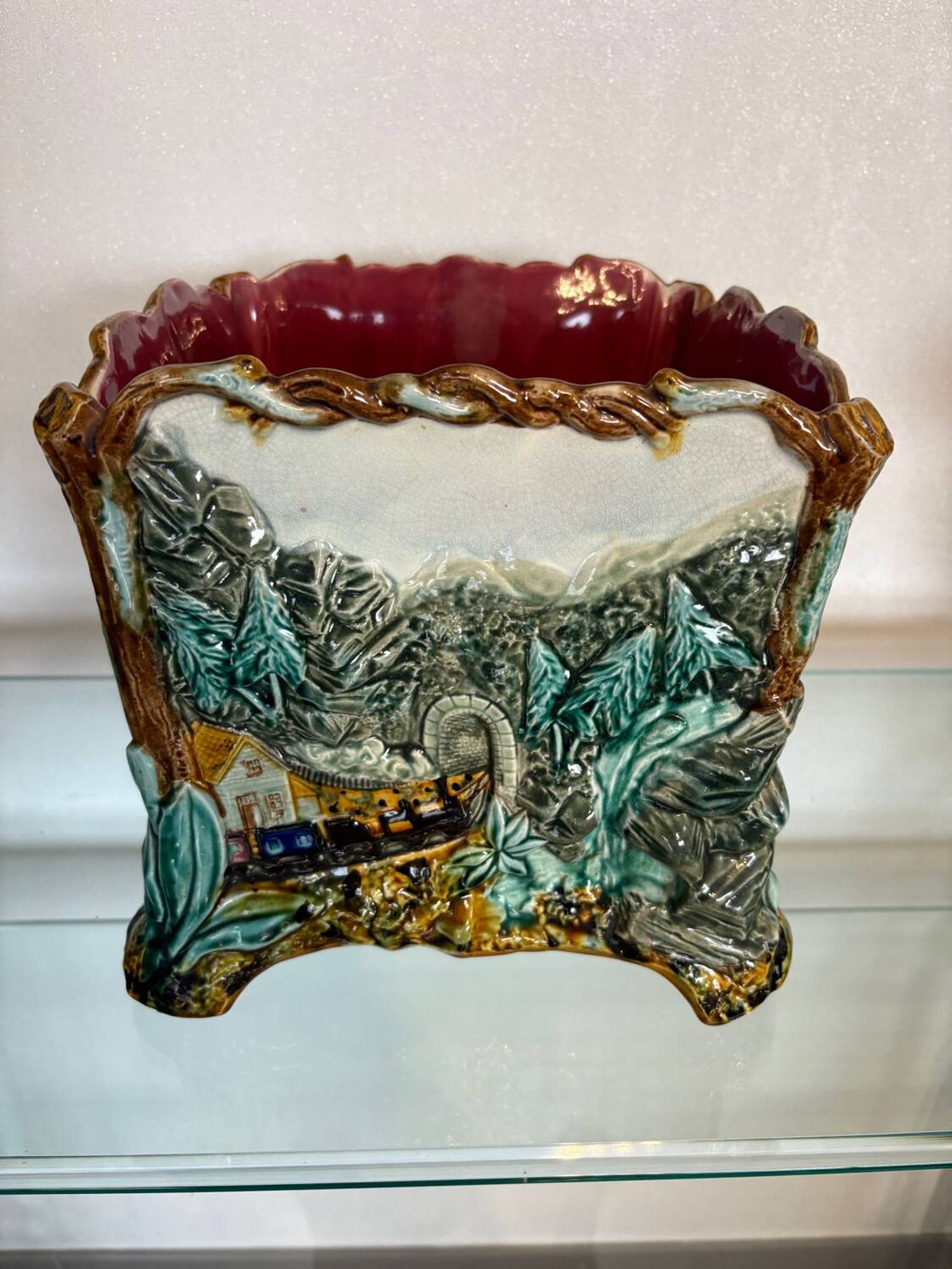 Antique cache-pot in earthenware barbotine – landscape & train decoration – early