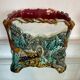 Antique cache-pot in earthenware barbotine – landscape & train decoration – early