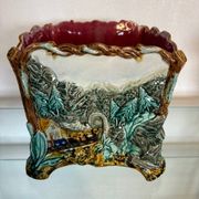 Antique cache-pot in earthenware barbotine – landscape & train decoration – early