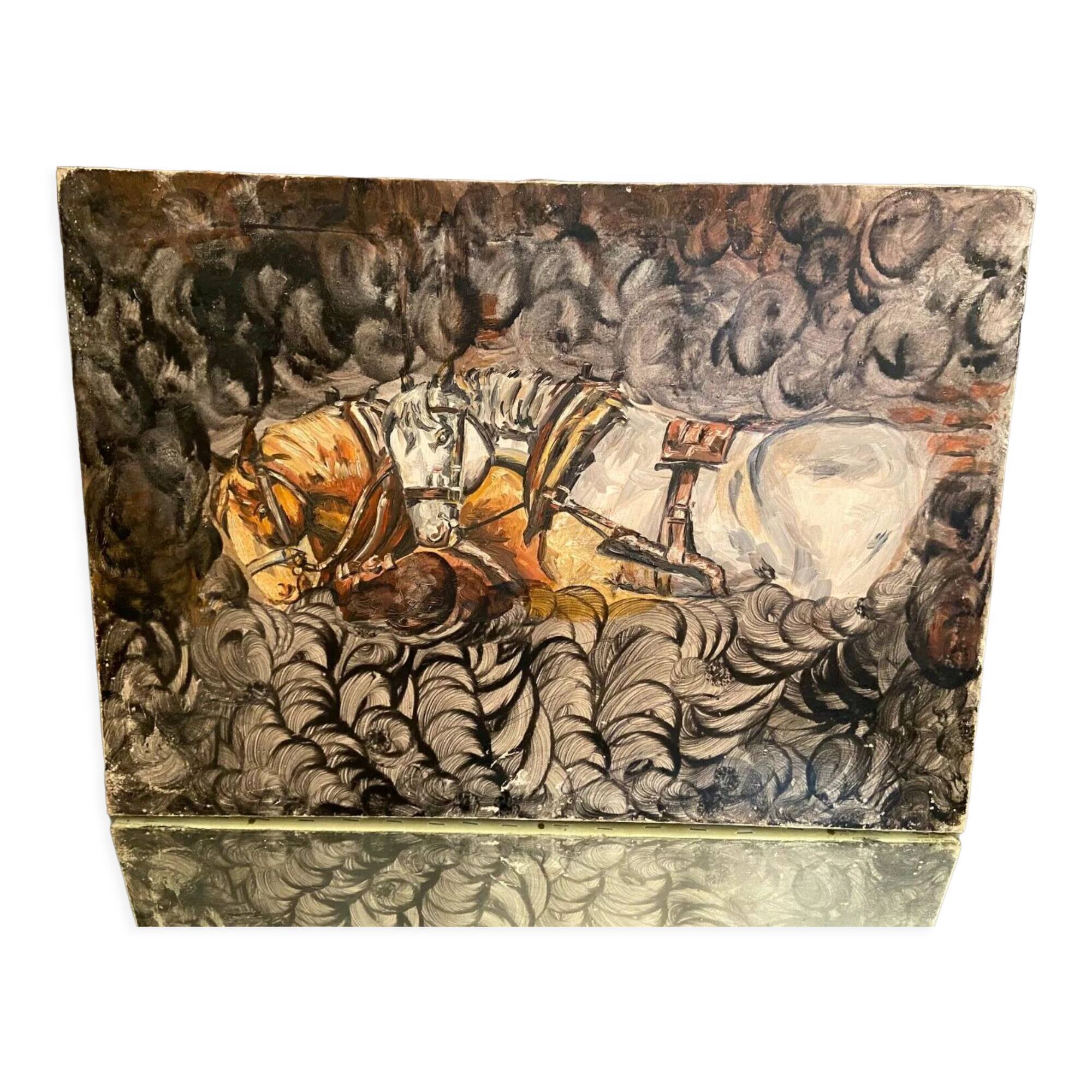 Oil painting on canvas with draft horses signed Ortega 86