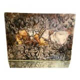 Oil painting on canvas with draft horses signed Ortega 86