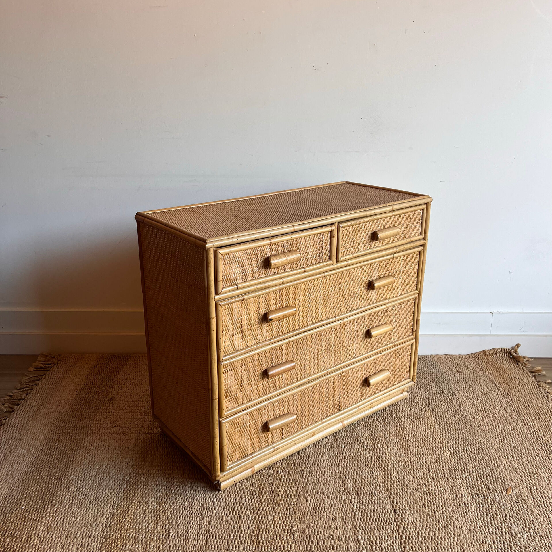 Vintage woven rattan bamboo chest of drawers