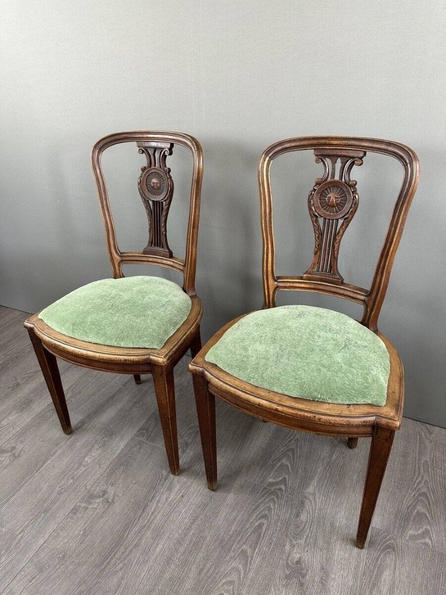 8 Vintage Wooden Chairs With Green Velvet Seat 20th Century