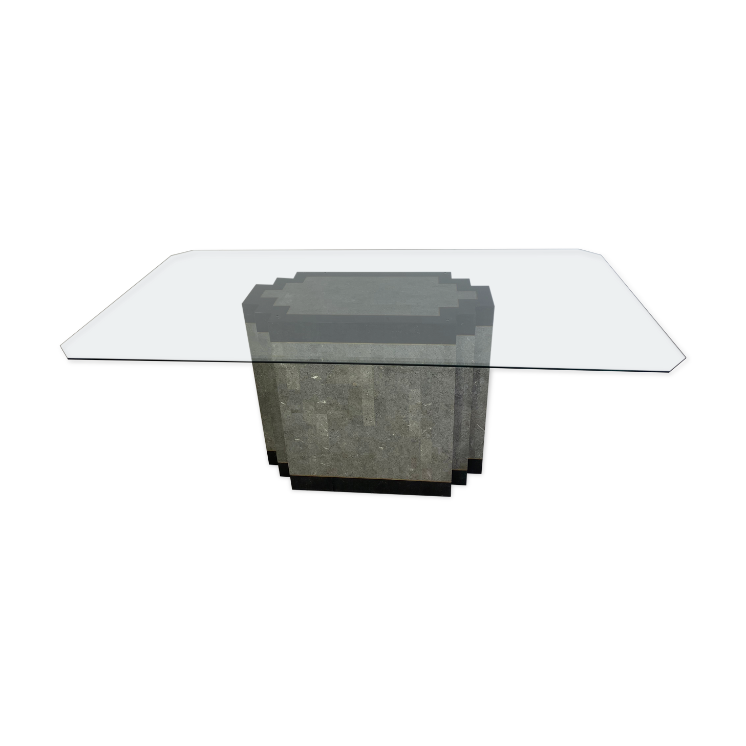 Table à manger postmoderne en pierre et marbre avec socle en laiton et plateau en verre, années 1980