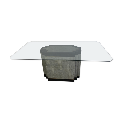 Table à manger postmoderne en pierre et marbre avec socle en laiton et plateau en verre, années 1980