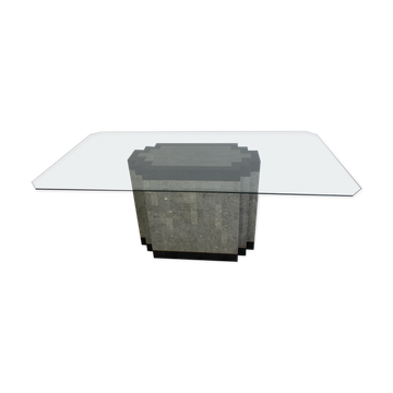 Table à manger postmoderne en pierre et marbre avec socle en laiton et plateau en verre, années 1980