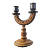 Vintage 2-light chandelier in pyrographed wood – Craftsmanship from Bulgaria (A