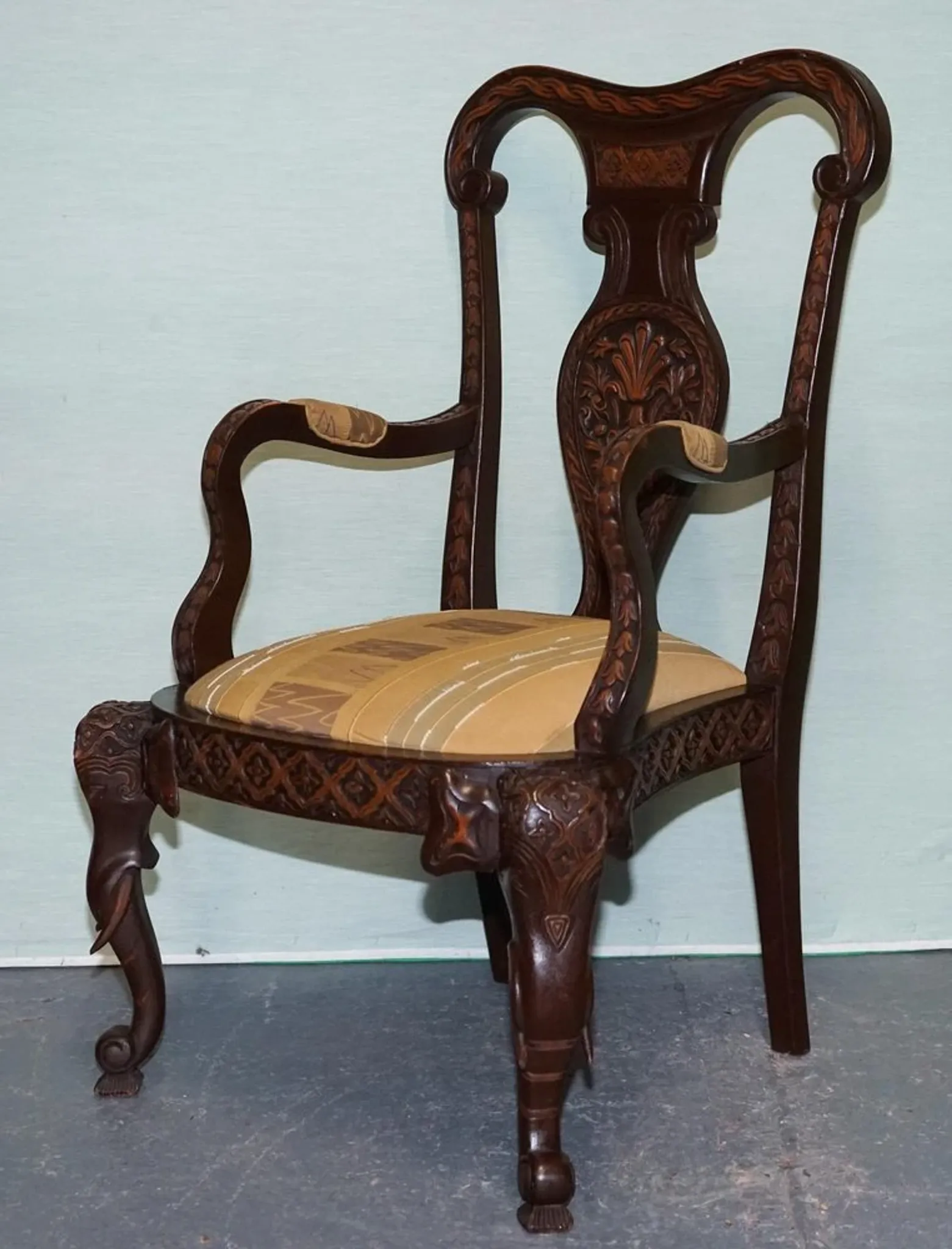 Heavily Carved Anglo-Indian Wooden Armchair