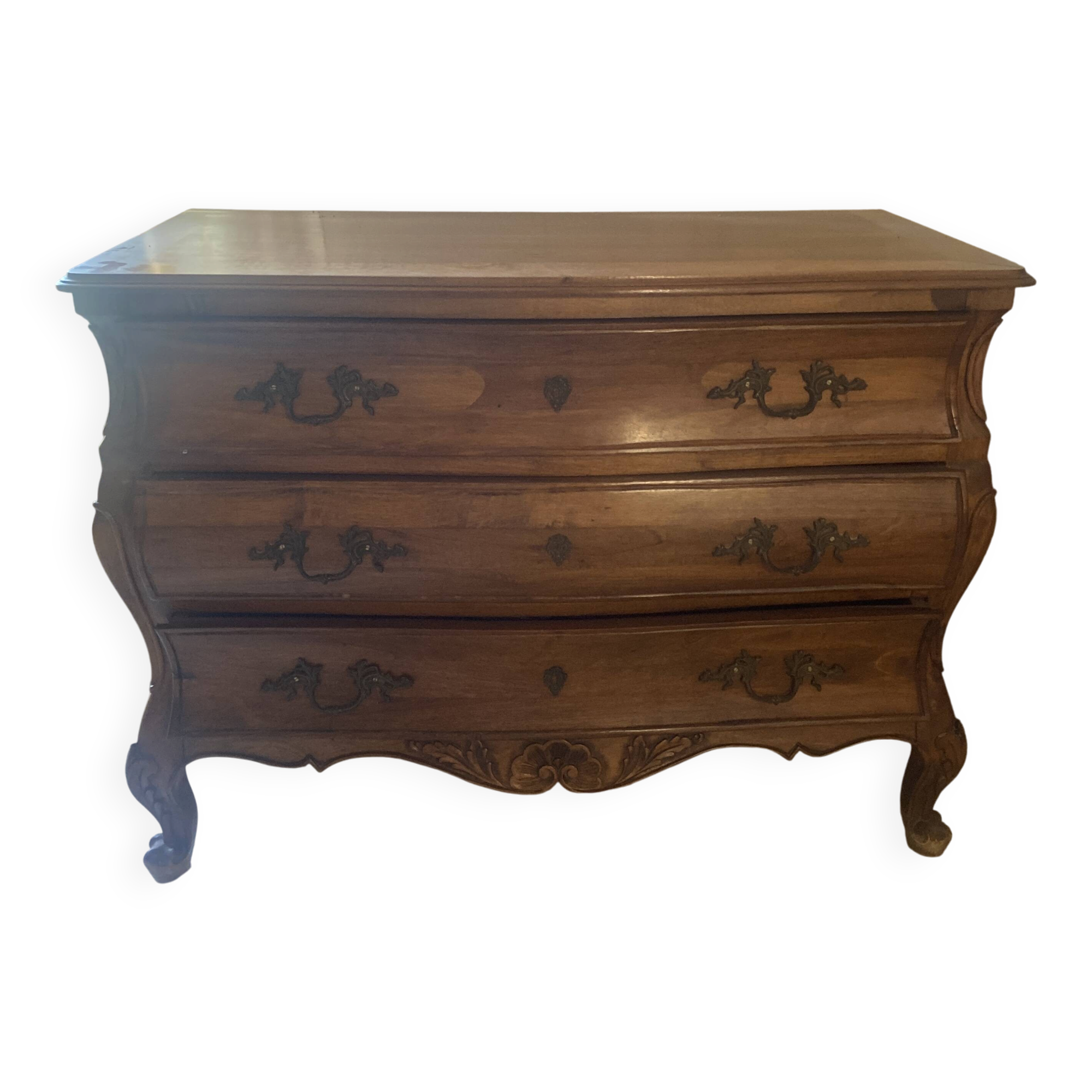 Curved commode with three drawers in light wood, Louis XV style.