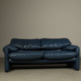 Two Cassina Maralunga two-seat sofas in blue leather by Vico Magistretti, Italy