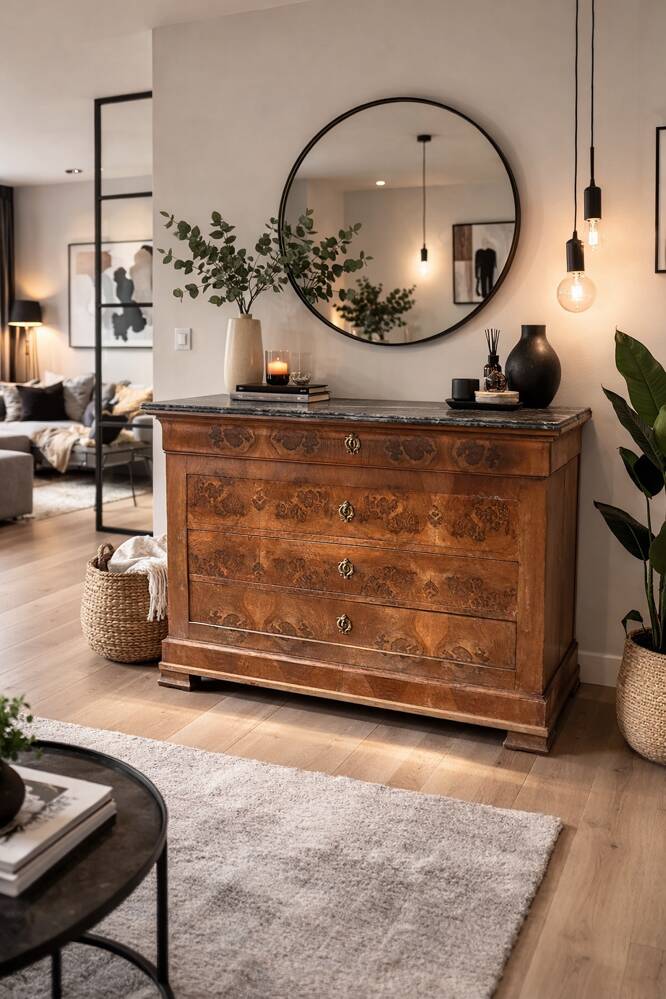 Antique chest of drawers with a grey marble top.