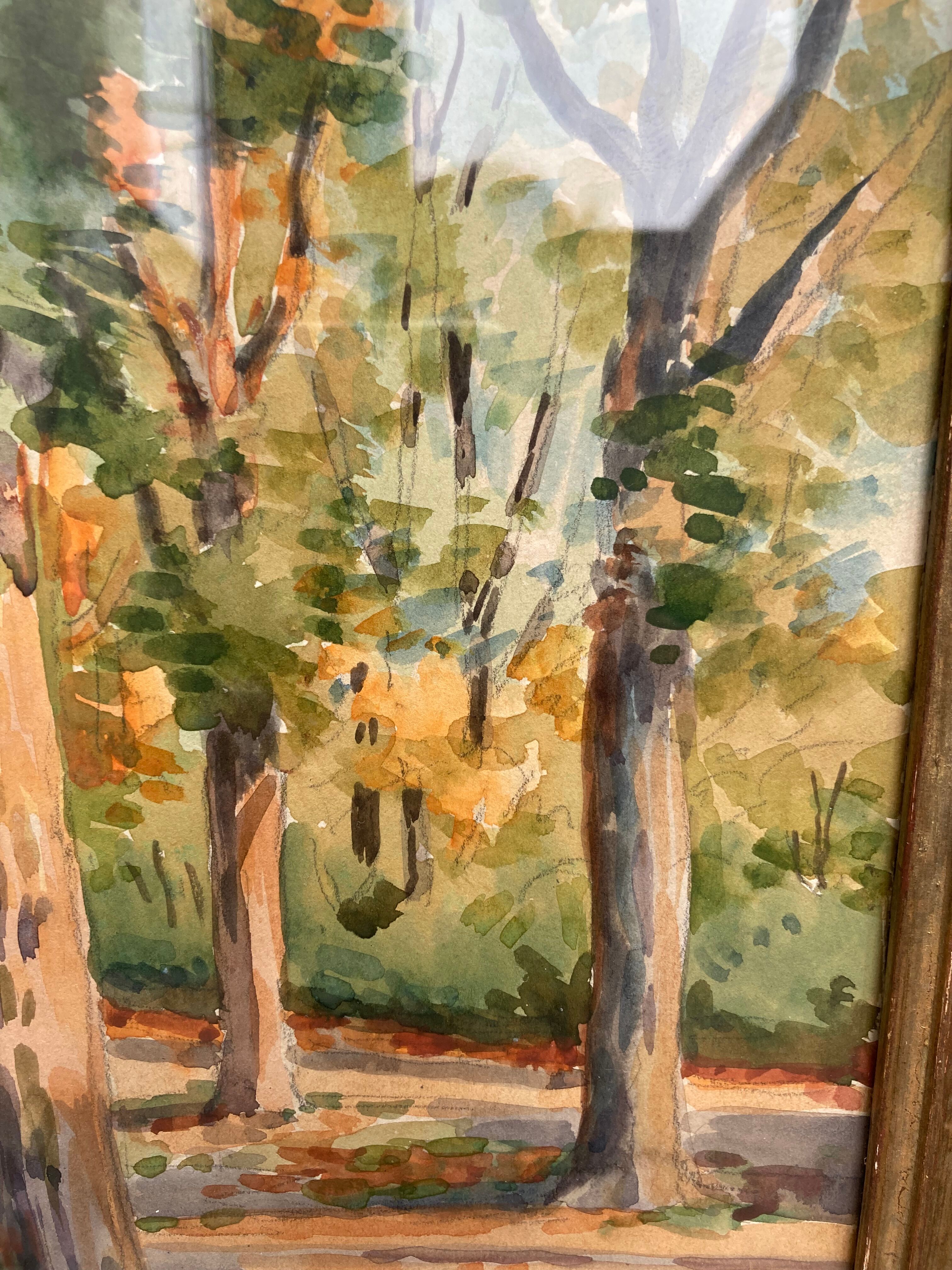 Framed watercolor trees in autumn dated 1943