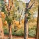 Framed watercolor trees in autumn dated 1943