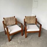 Pair of oak and straw armchairs, reconstruction style