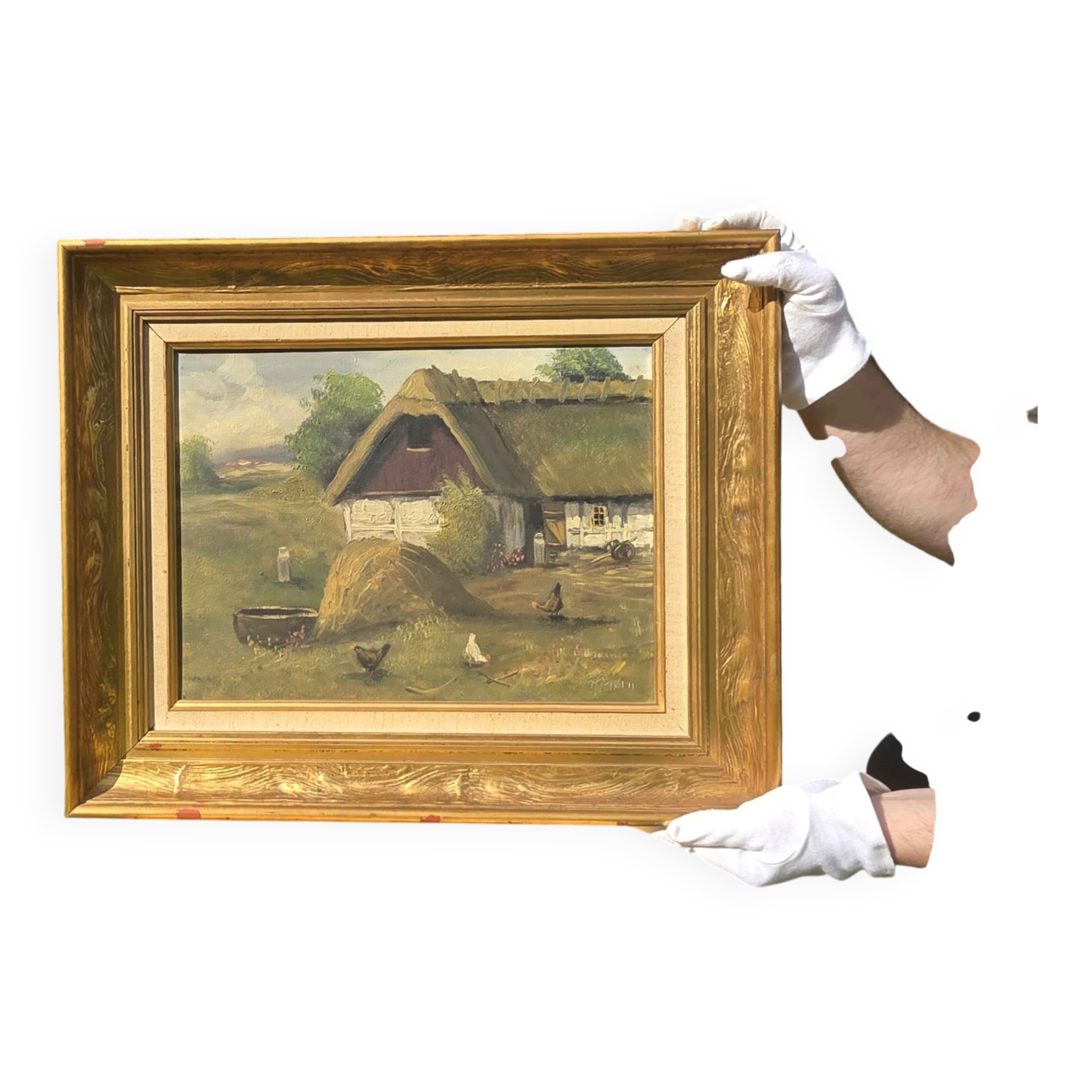 Vintage Farmyard Oil Painting by Henning Bjørn