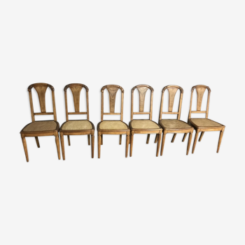 Suite de 6 chaises art deco bois et canage