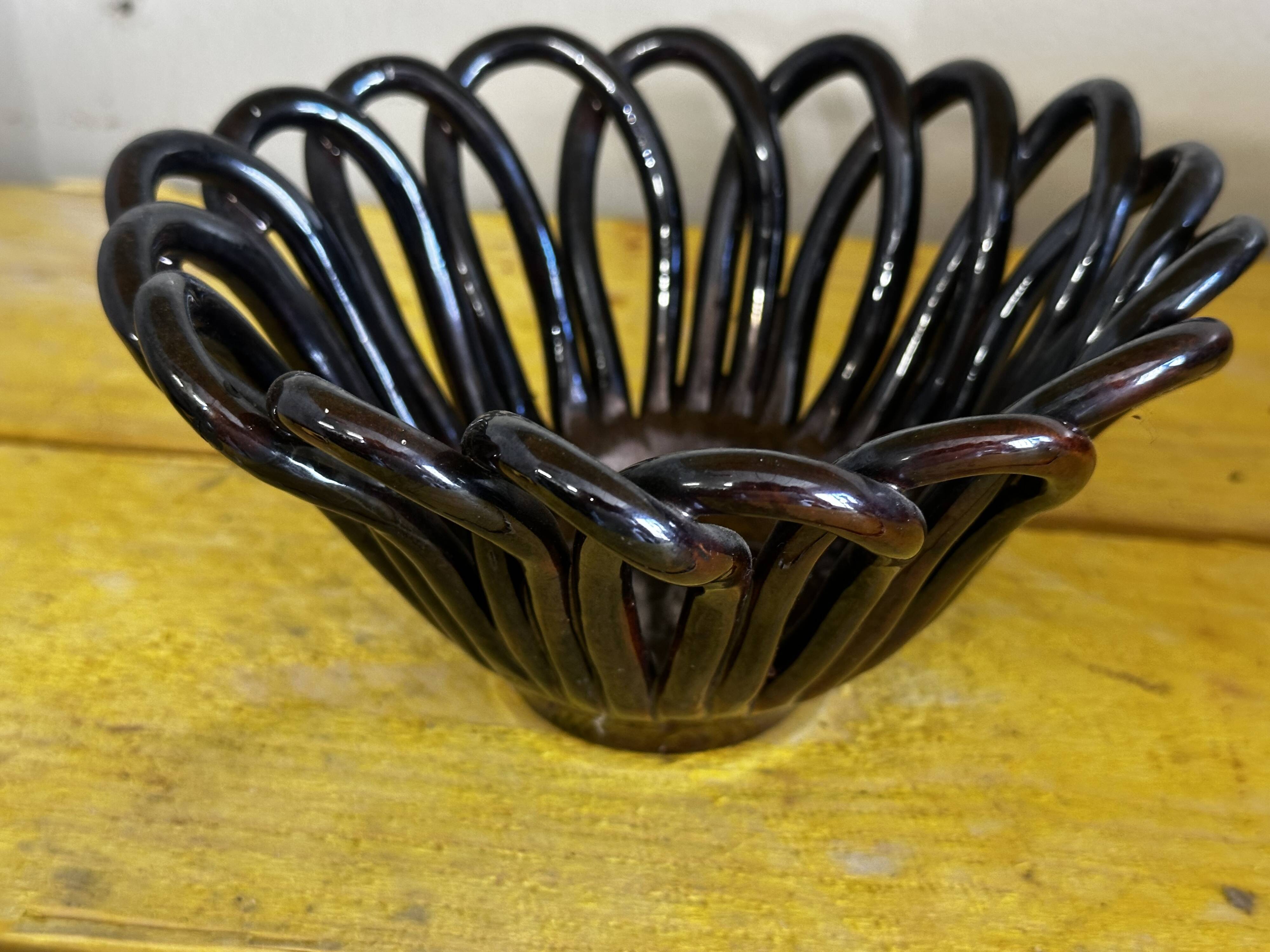 Small Basket - Iridescent Black Braided Ceramic Empty Pocket - 70's German