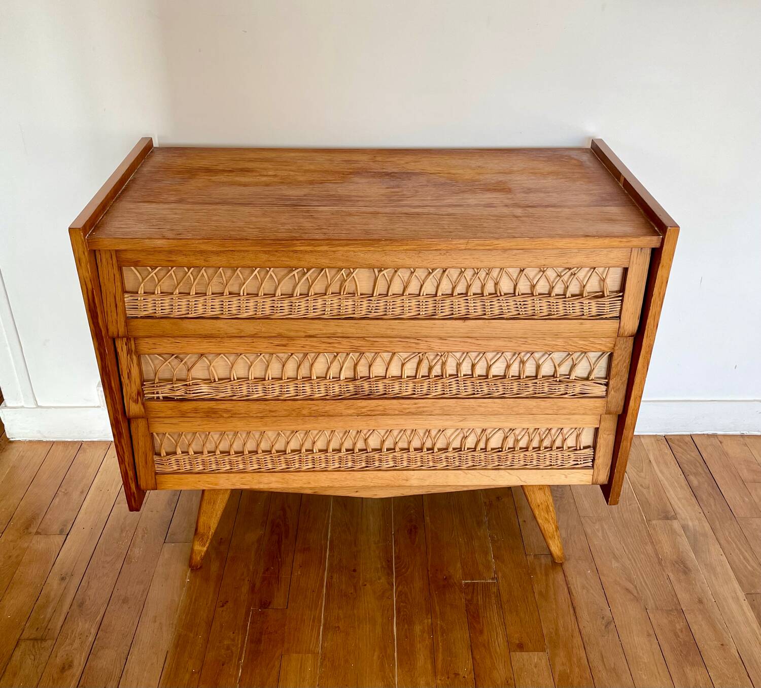 Vintage wooden and rattan chest of drawers