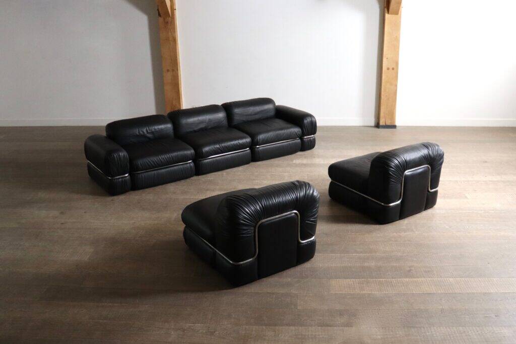 Modular sofa in black leather by Rodolfo Bonetto for Tecnosalotto, 1960s