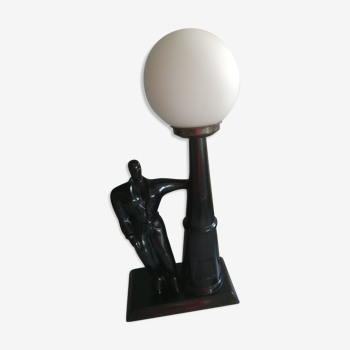 Metallic black table lamp and opal globe 1980s