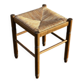 Tabouret années 50 en bois tourné et assise paillée