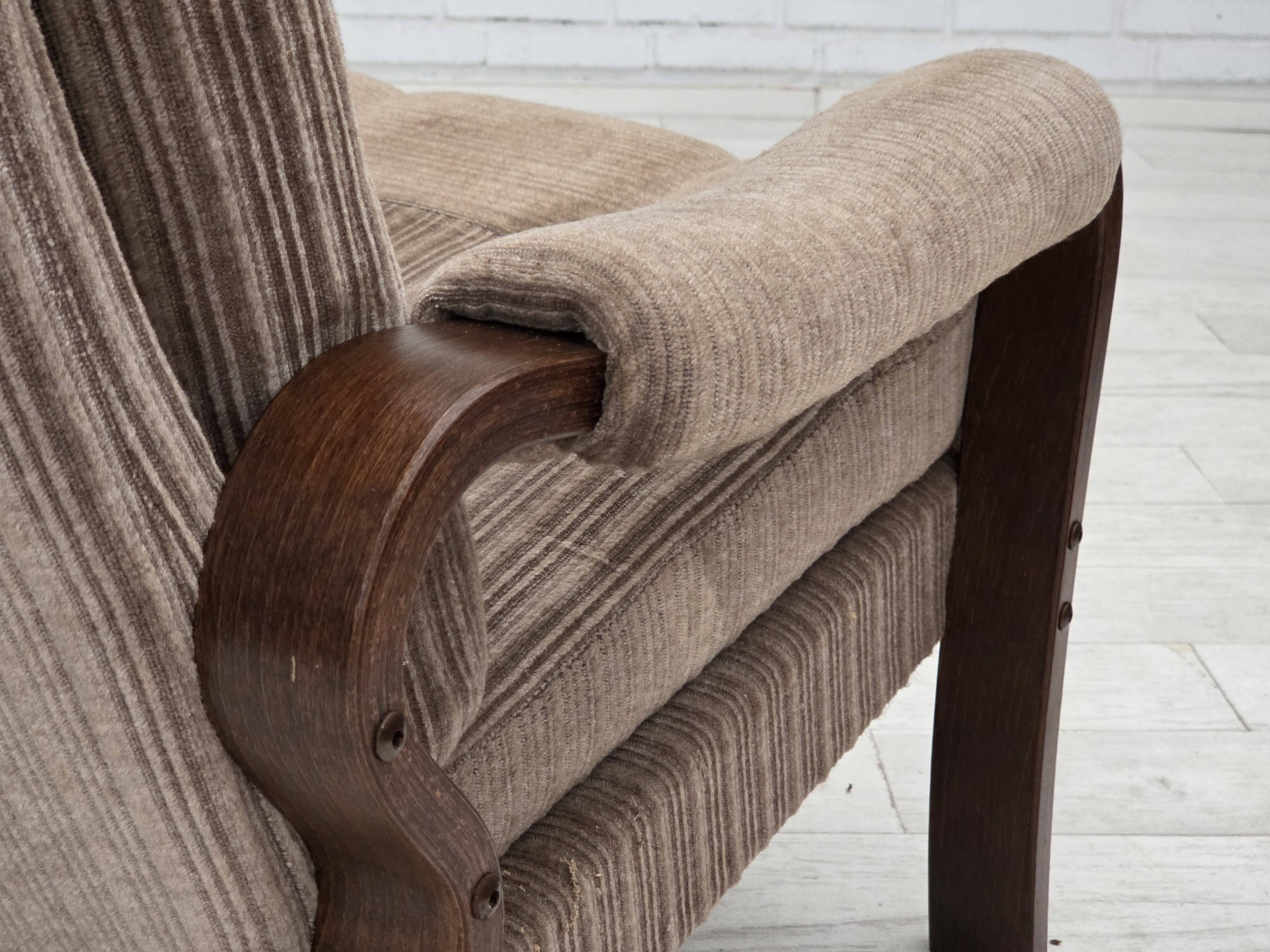 1970s, pair of Danish armchairs, brown furniture corduroy, beech wood.