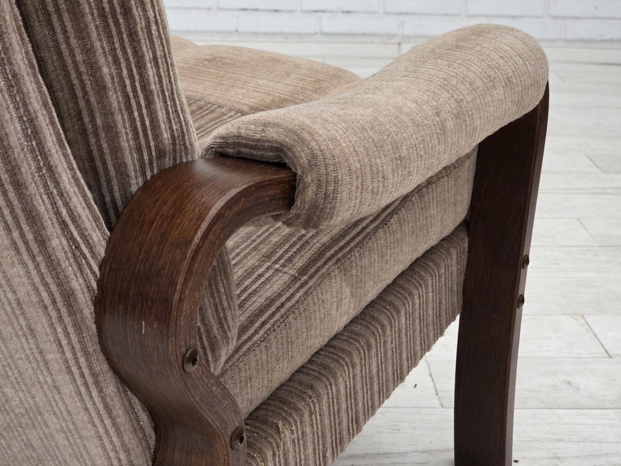 1970s, pair of Danish armchairs, brown furniture corduroy, beech wood.