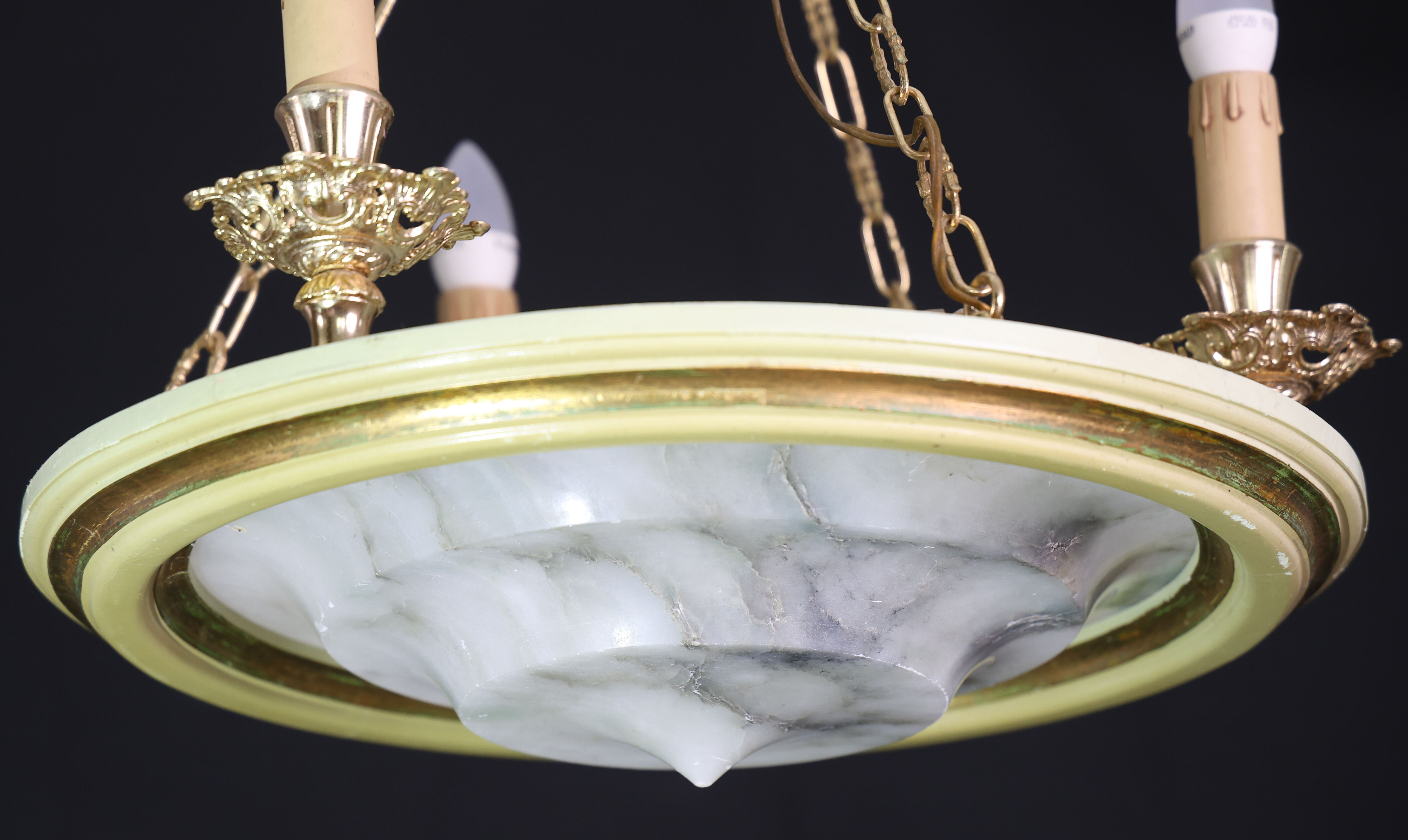 Masterpiece Art Deco design white alabaster chandelier circular wooden fram