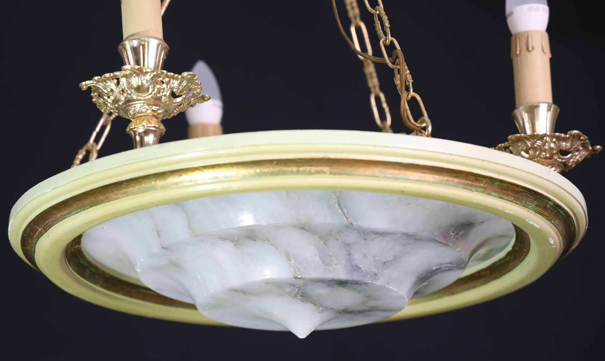 Masterpiece Art Deco design white alabaster chandelier circular wooden fram