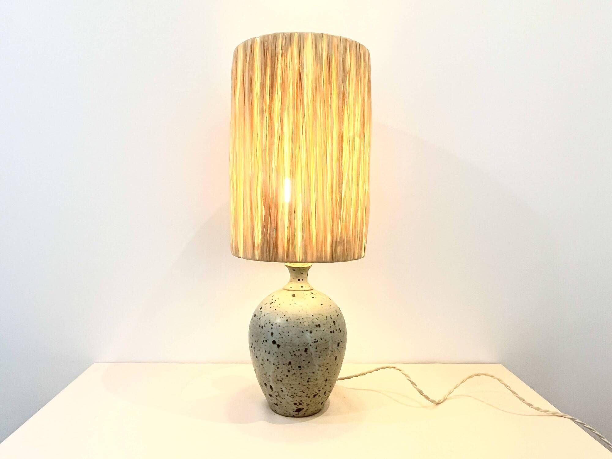 XXL Vintage Lamp Base in Beige Grey Stoneware with Raffia Lampshade 1970