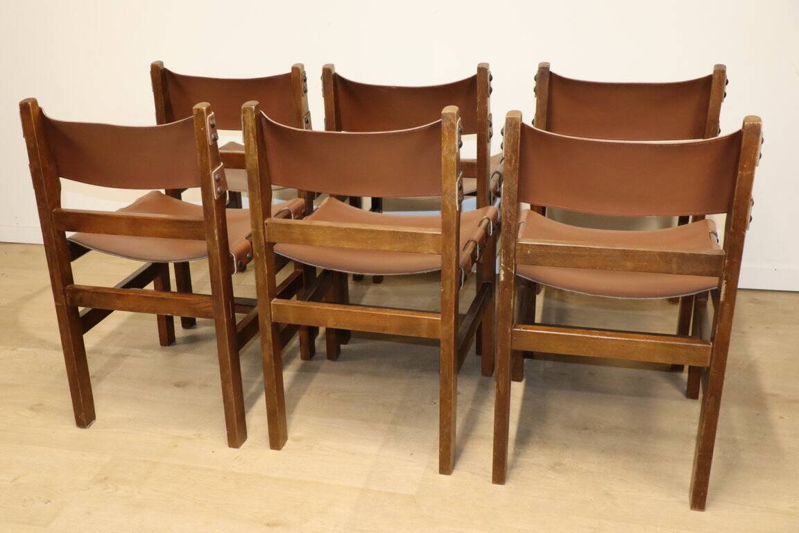 Series of 6 vintage Maison Regain chairs in leather and wood, 1960s
