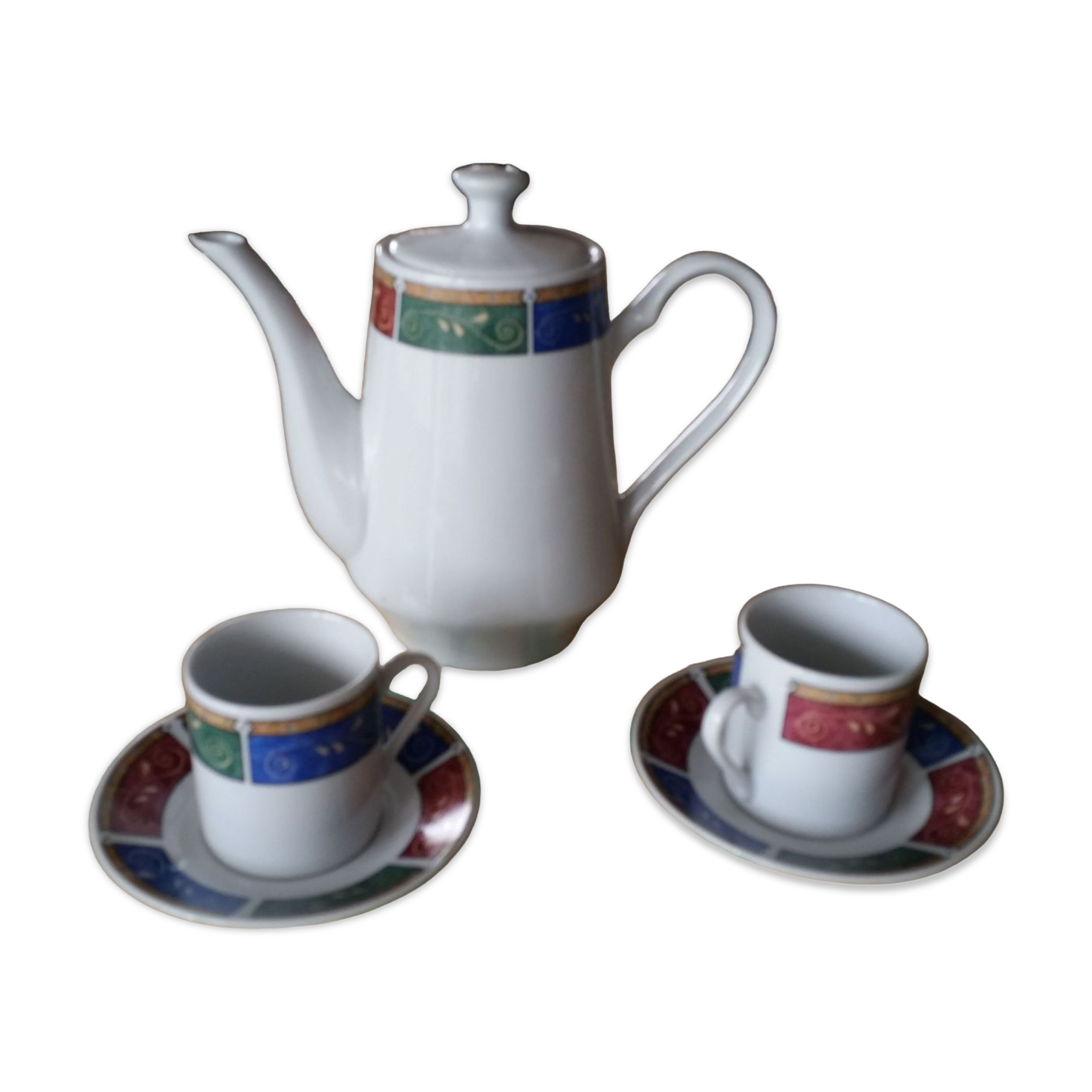 Coffee service cups saucers and coffee maker