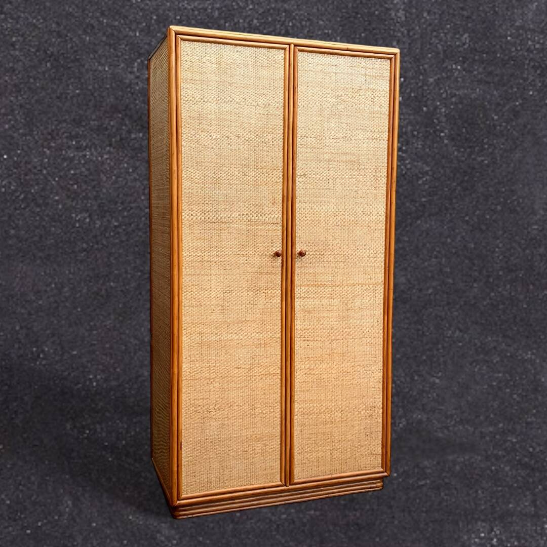 Vintage rattan and woven wicker wardrobe 1970s