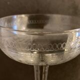 6 champagne glasses in antique glass, blown and engraved