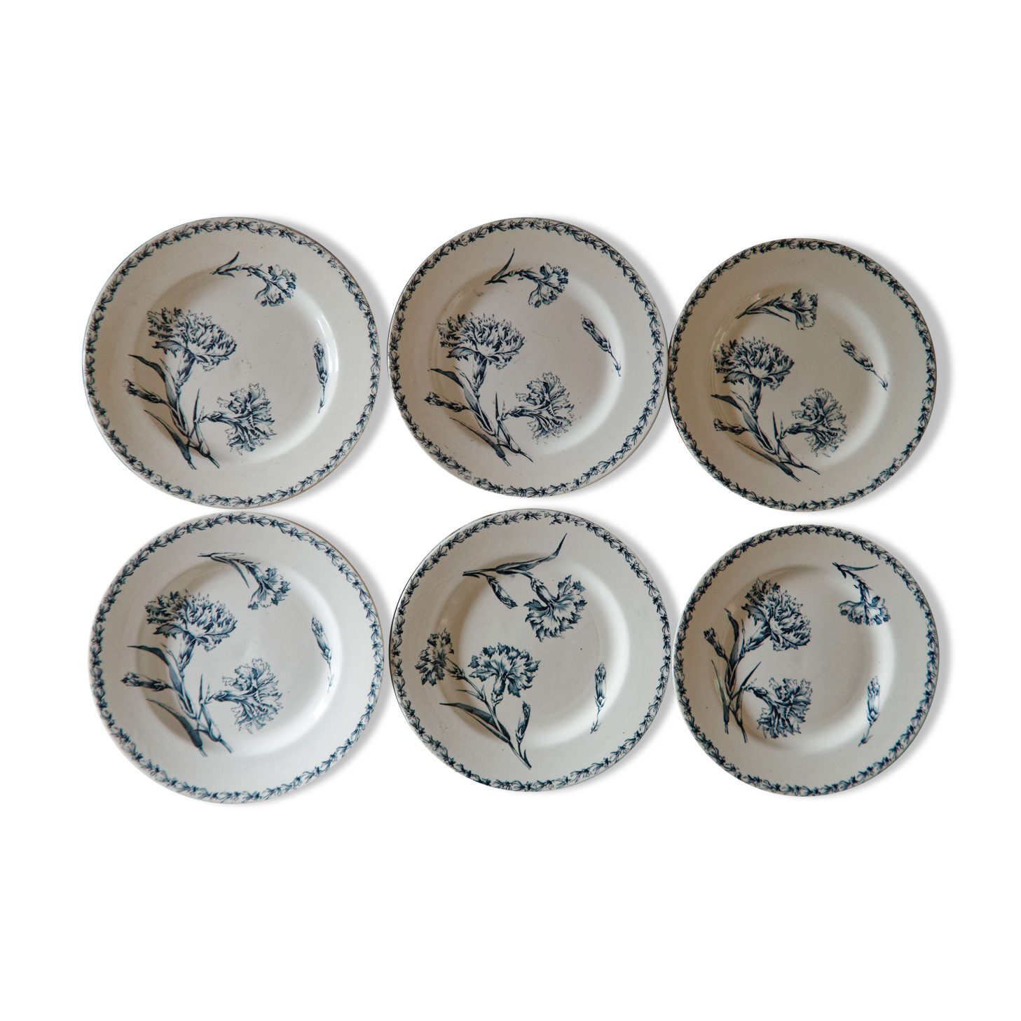 Lot 6 flat plates old iron earth K&G Lunéville Carnations