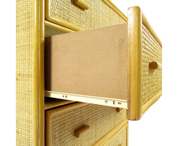 Bamboo and rattan vintage chest of drawers, 1970s